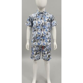 Kids' blue and white printed cotton shirt and shorts set