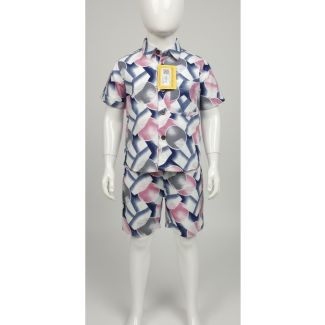 Kids' printed cotton short sleeve shirt and shorts set with a geometric pattern.