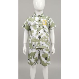 Toddler's sage green and white abstract floral print short sleeve shirt and shorts set on a mannequin.