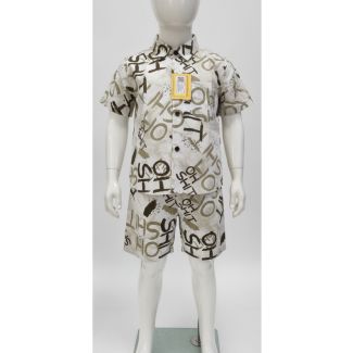 Kids casual two-piece set featuring a short sleeve collared shirt and shorts with graphic typography print.