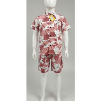 Kids red and white floral cotton shirt and shorts set