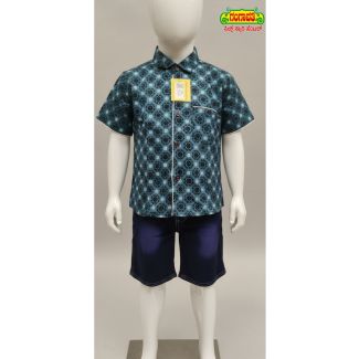 Kids teal geometric cotton shirt and navy blue shorts set, short sleeve, casual outfit - Gangavathi Exports