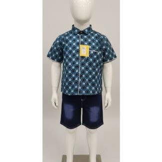 Kids' Teal geometric print cotton shirt with denim shorts set - Casual kids wear