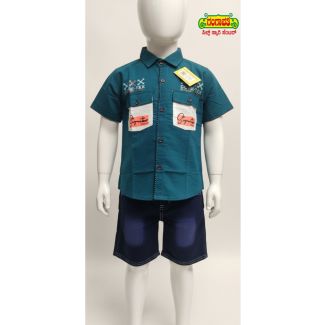 Teal green cotton shirt and dark blue denim shorts set for kids - Gangavathi Exports