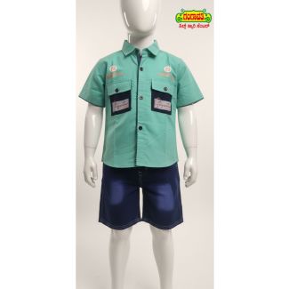 Teal green short sleeve shirt with denim shorts, perfect for kids - Gangavathi Exports