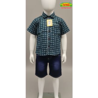 Kid's Teal Green Diamond Pattern Shirt and Denim Shorts set - casual wear