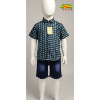 Teal green diamond patterned cotton shirt and shorts set for kids - Gangavathi Exports