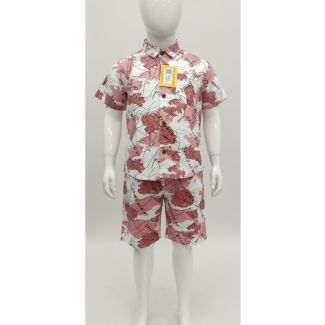White and Coral Floral Cotton Kids Shirt and Shorts Set - Casual Wear - Gangavathi Exports