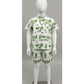 Kids' White Cotton Shirt & Shorts Set with green 'Wild One' print