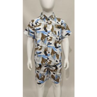White, blue, and brown abstract print cotton shirt and shorts set for kids - Gangavathi Exports