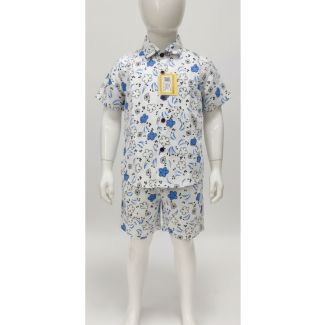 Kid's white and blue floral print cotton shirt and shorts set - Gangavathi Exports