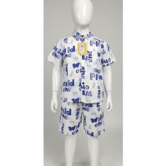 White and blue printed cotton shirt and shorts set for kids - Gangavathi Exports