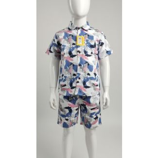 Kids white shirt and shorts co-ord set with blue and pink abstract botanical leaf print - Casual wear