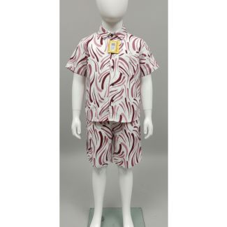 White and burgundy abstract print cotton kids shirt and shorts set - Gangavathi Exports
