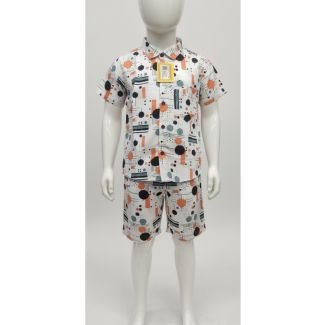 Kid's white geometric print cotton short sleeve shirt and shorts set - Gangavathi Exports