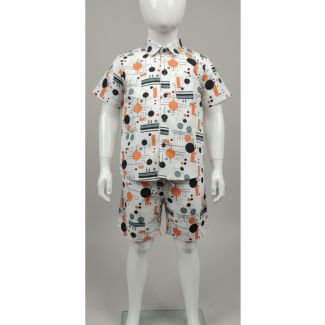 Kids white cotton geometric print short sleeve shirt and shorts set