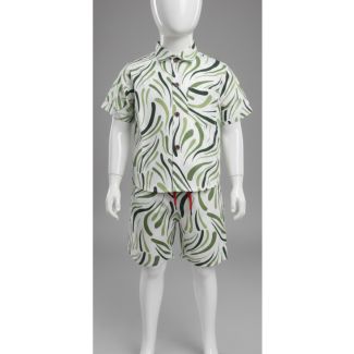 Kid's White and Green Abstract Print Cotton Shirt and Shorts Set