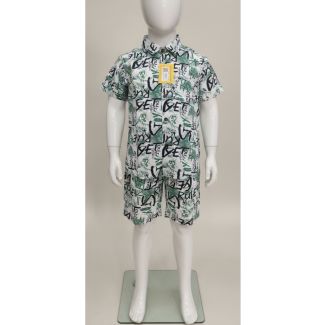 Kids' white and green graffiti print cotton short sleeve shirt and shorts set - Gangavathi Exports