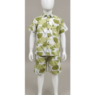 Kid's white and green leaf print cotton short sleeve shirt and shorts set - Gangavathi Exports