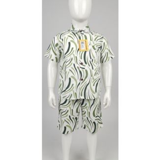 White and green printed cotton shirt and shorts set for kids - Gangavathi Exports