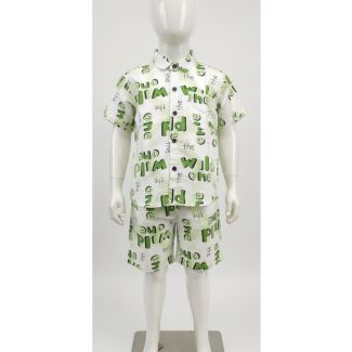 White and green cotton short sleeve kids set with 'The Wild One' print
