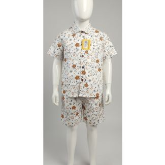 White cotton shirt and shorts set for kids with floral print - Gangavathi Exports