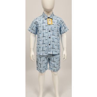 Light blue geometric print cotton shirt and shorts set for kids