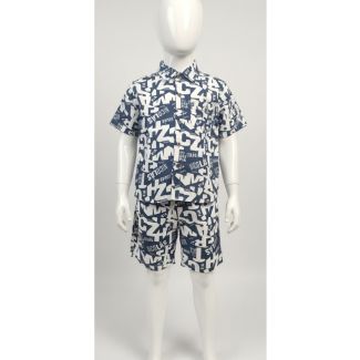 Navy and white printed cotton boys' shirt and shorts set - Casual and stylish