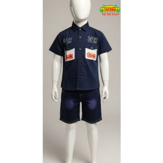 Navy Blue Cotton Shirt and Shorts Set for Boys - Gangavathi Exports