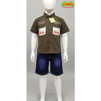 Olive green embroidered cotton shirt with denim shorts set for boys - Gangavathi Exports