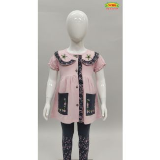 Pink button-down dress with navy floral details India