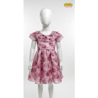 Pink printed organza dress on a mannequin featuring short ruffled sleeves and a layered ruffle neck