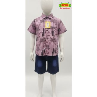 Pink geometric print cotton shirt with short sleeves for kids