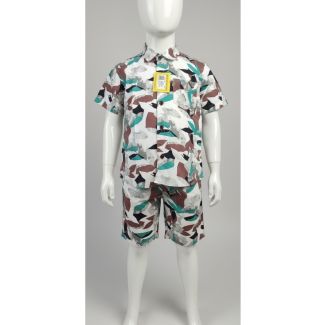Boys' white base abstract print cotton shirt and matching shorts set on mannequin