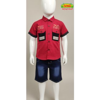 Red short-sleeve shirt with denim shorts outfit for kids - casual and stylish - Gangavathi Exports