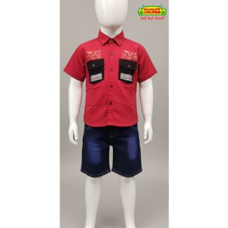 Red shirt and denim shorts set for kids - Gangavathi Exports