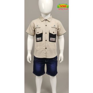 Boys' Tan Cotton Shirt and Navy Denim Shorts Set - Gangavathi Exports