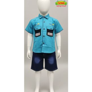 Boys' turquoise blue cotton shirt and denim shorts set - Gangavathi Exports