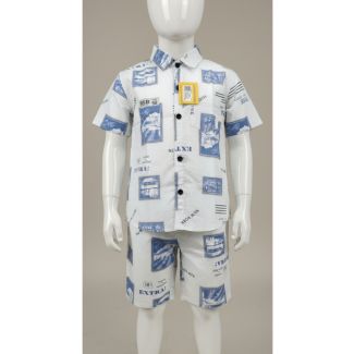 White and blue printed cotton short set for boys - Casual wear - Gangavathi Exports