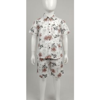 White floral print cotton boys shirt and shorts set, casual style - Gangavathi Exports