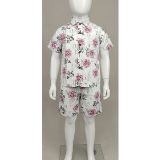 White cotton shirt and shorts set with pink floral print for kids - Gangavathi Exports