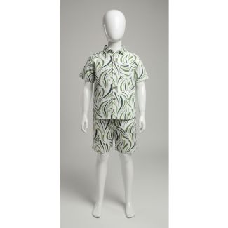 White leaf print cotton shirt and shorts set - Gangavathi Exports