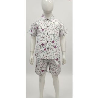 White cotton two-piece shirt and shorts set for boys featuring a purple and green print on a mannequin.