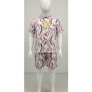 White and maroon abstract print short sleeve button-up shirt and shorts set for boys