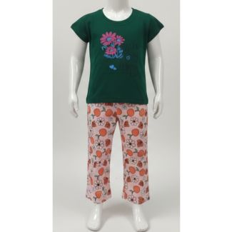 Girls dark green floral t-shirt and pink printed pajama pants set India