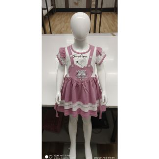 White mannequin wearing a pink and white overall style dress with puff sleeves India