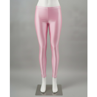 Mannequin wearing shimmering baby pink ankle-length leggings with a metallic finish.