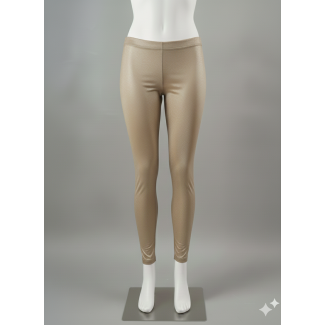 Mannequin wearing shimmering ivory beige micro-dot ankle length leggings.