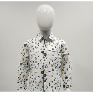 Boy's cream floral print cotton full sleeve shirt with collar and chest pocket
