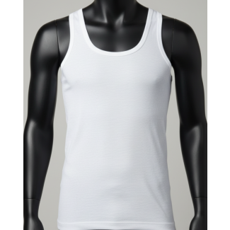 Close-up of a pure white men's fine cotton sleeveless vest on a mannequin